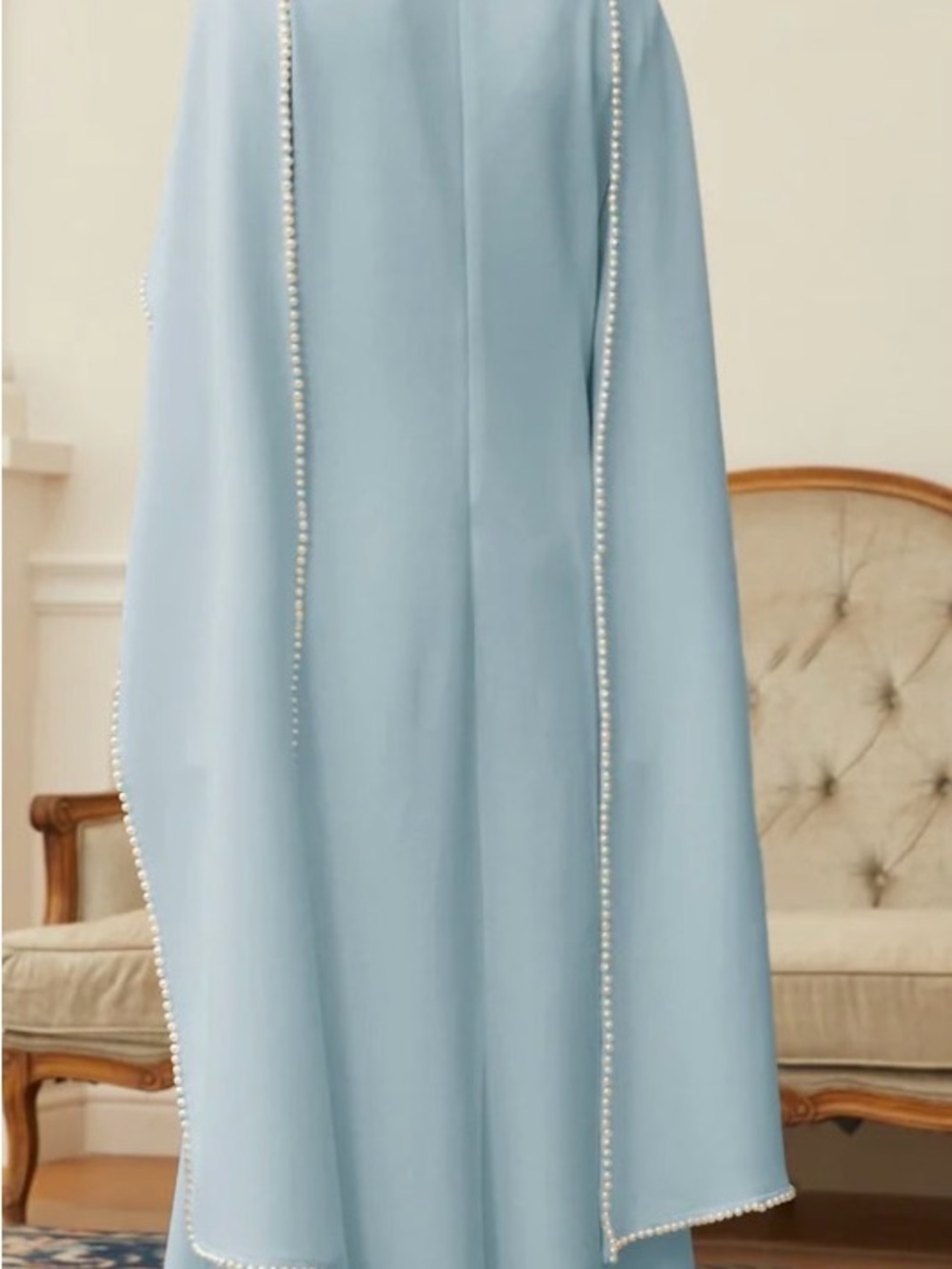 Light Blue Women's Evening Robe with Pearl-Edge Trim - Picture 4 of 9